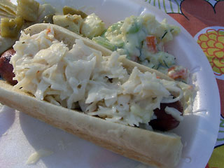 Hot dog in bun, covered with coleslaw; potato salad and artichoke salad on plate