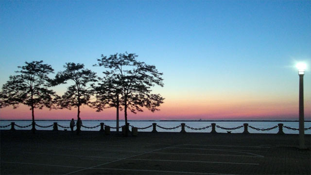 Cleveland harbor, Lake Erie after sunset
