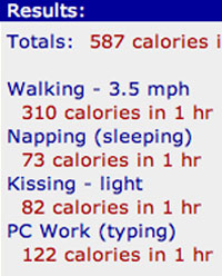 Screenshot of calorie/activity calculator