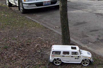 White SUV toy on treelawn