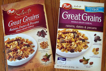 Two different boxes of Great Grains cereal