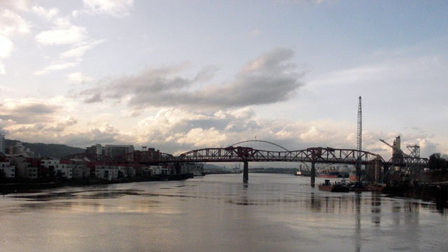 Wide view of bridges over Willamette River, Portland, OR