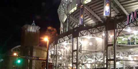 Jacobs Field from East 9th and Carnegie, at night