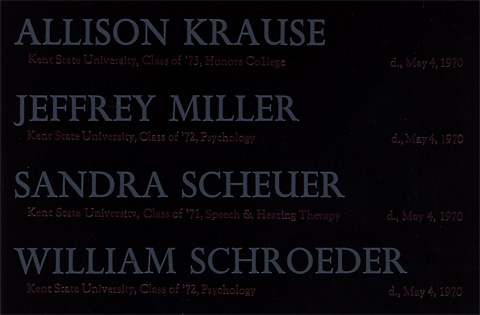 Postcard with names, class years, and colleges of four students killed at Kent State