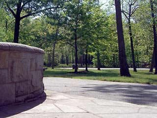 Stone wall and walk, trees in the distance