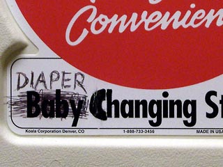 Label on changing table with "Baby" crossed and and "diaper" written above