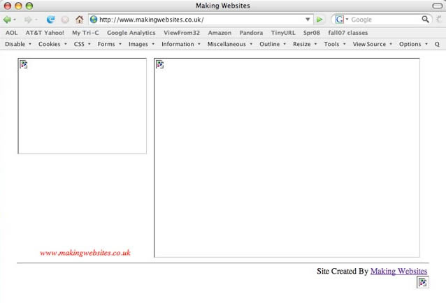 Screenshot showing blank homepage with missing images 