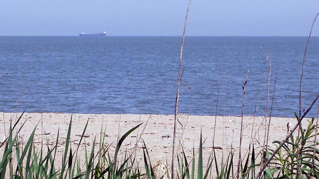 Freighter on Lake Erie off Edgewater Park, Cleveland, OH