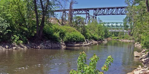 Cuyahoga River with trees and bridges