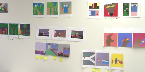 Student work on wall, multi-frame story
