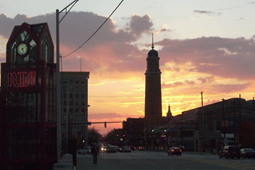 West Side Market silhouetted against sunset