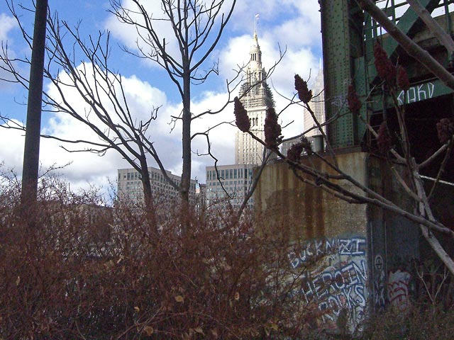 The Terminal Tower seen from the Flats, under the Eagle Avenue bridge