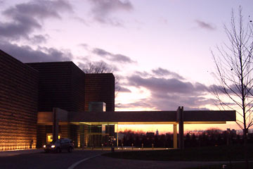 North entrance to Cleveland Museum of Art with sunset in background