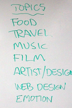 Topics written on whiteboard: Food, Travel, Music, etc.
