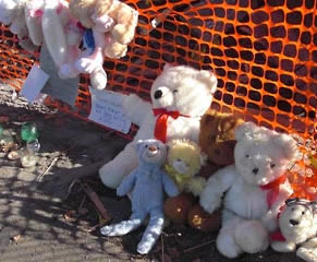 Stuffed animals along fence