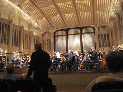 Cleveland Orchestra on stage at Severance Hall from five rows back