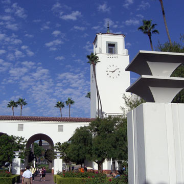 Exterior view of white stucco Union Station clocktower