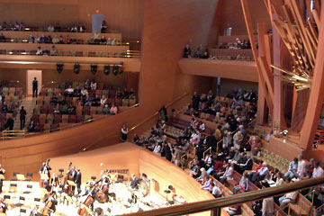 Interior of Disney Hall, looking down on orchestra from side