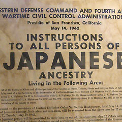 Detail of sign announcing relocation of people of Japanese descent