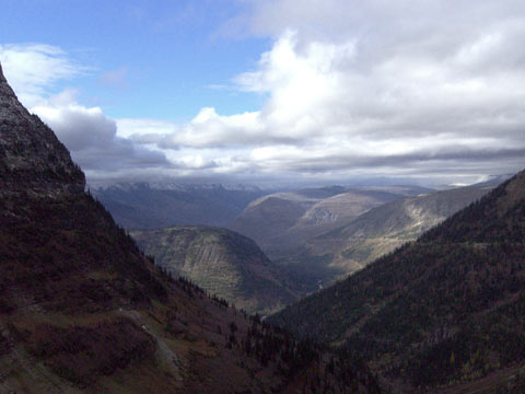 View down the valley with the sun on the slopes