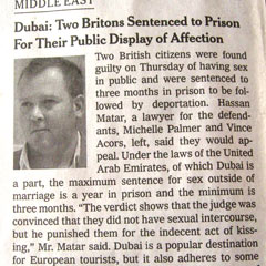 Newspaper clipping describing British citizens punished for kissing in Dubai
