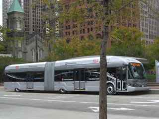 Silver RTA Health Line bus parked on Public Square