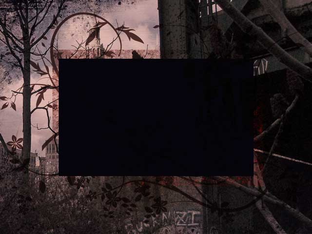 Dark background with branches and Cleveland scene