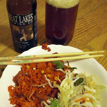 Basil fried rice and Great Lakes beer