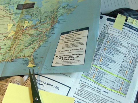 Amtrak route map and schedule with Post-it notes