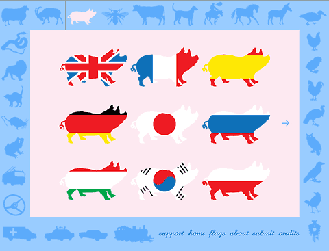 Bzzzpeek home page showing pig shapes in the colors of various flags