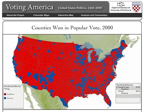 National map sowing county by county results of 2000 presidential election