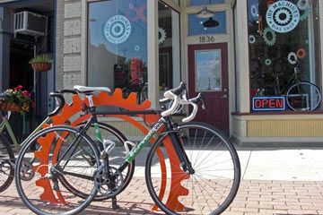 Bike rack in front of Joy Machines Bike Shop