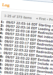 Screen shot showing log of website being indexed